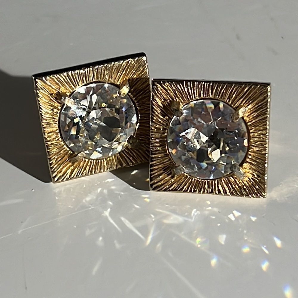Vintage Gold Tone Square Clip on Earrings with Large Rhinestone
